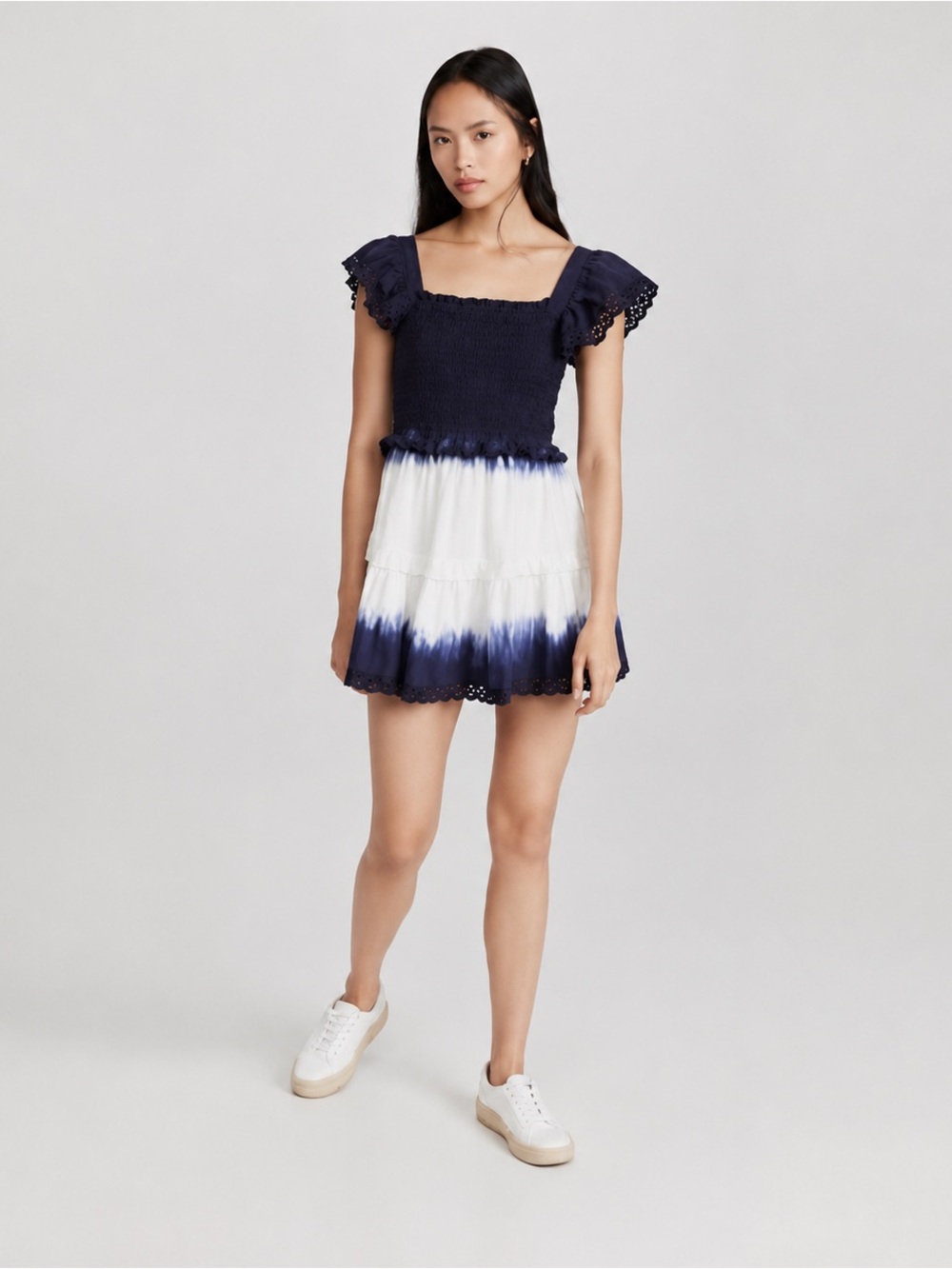 Sea New York Everlyn Eyelet Ruffle Mini Dress Small Cotton Smocked Tie Dye Chic